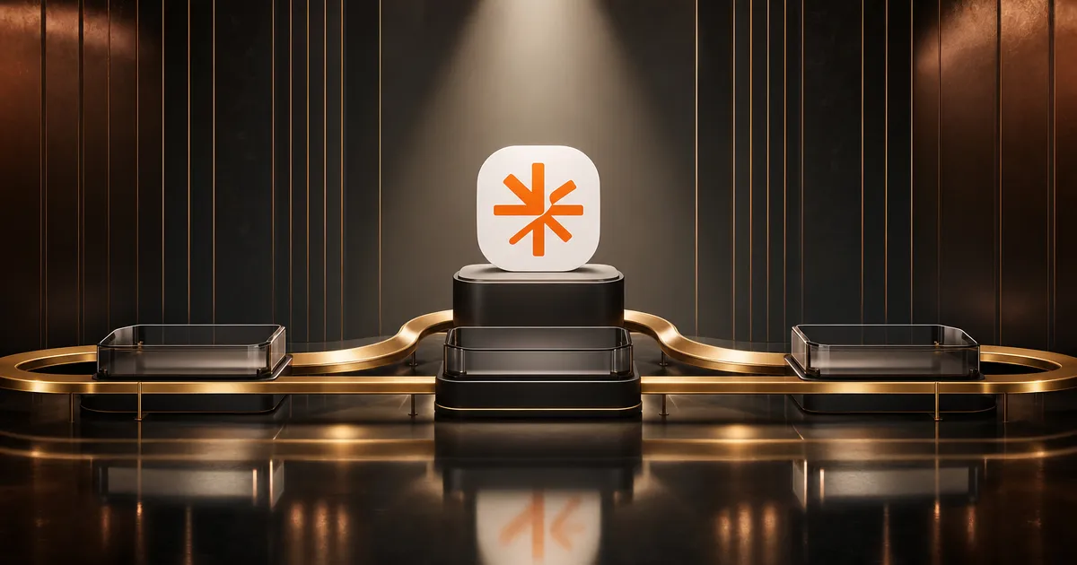 Wit badge met oranje starburst-embleem op een sokkel, verbonden door één gouden rail langs lege glazen stations: Claude Code dat marketingworkflows samensmeedt
