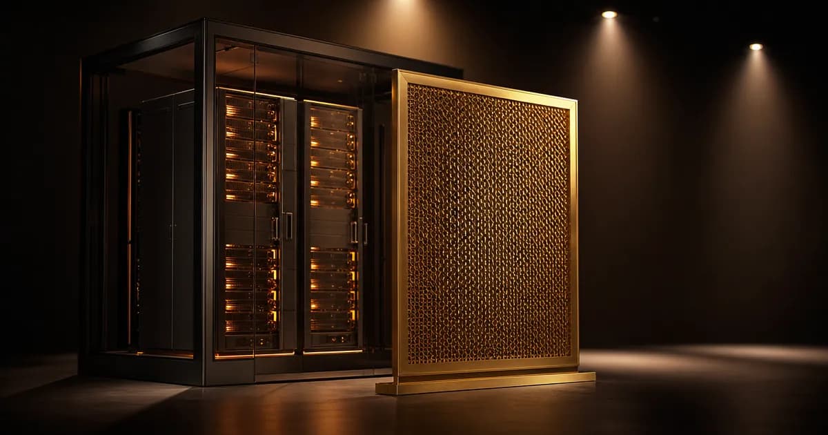 Oranje verlicht serverrek in een glazen ruimte met een gouden filterpaneel: Claude Code self-hosted met compliance-hooks