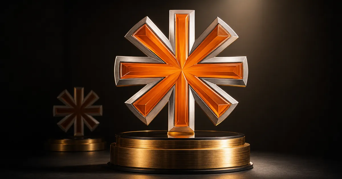 Oranje starburst-embleem in glas op een gouden sokkel: Claude Fable 5, het krachtigste publieke model van Anthropic