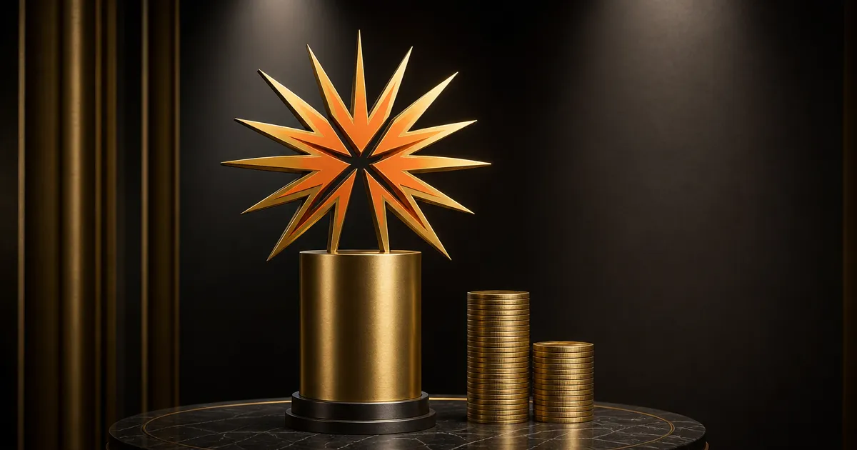 Oranje starburst-embleem met twee ongelijke stapels munten: Claude Opus 5, frontierintelligentie voor de helft van de prijs