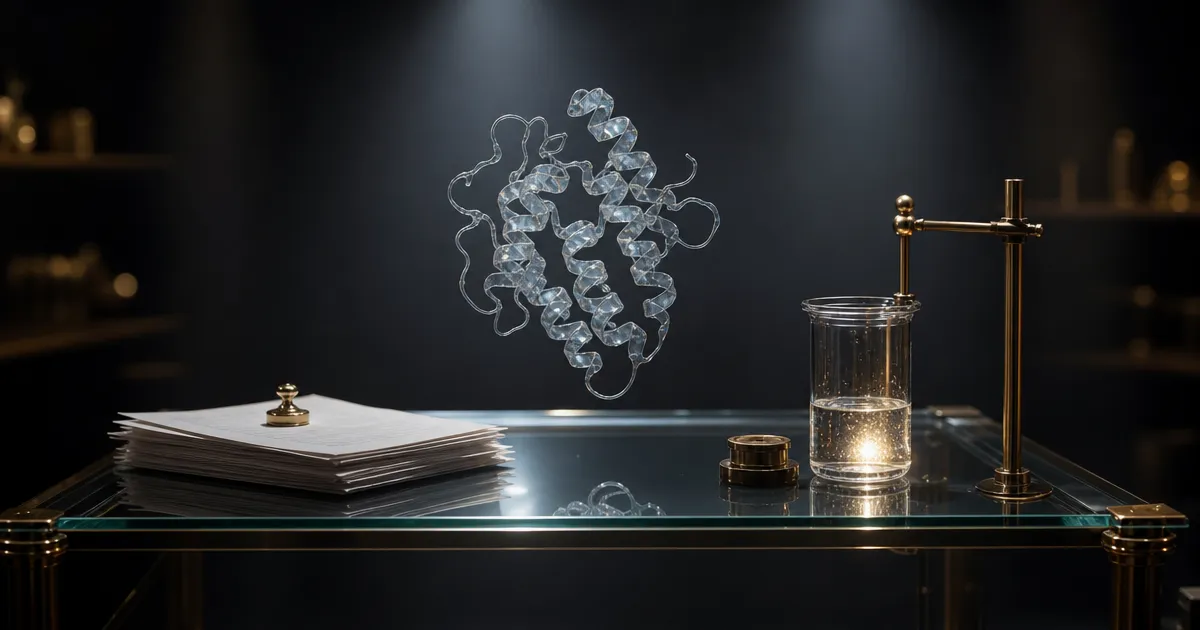 Glazen werkbank met een zwevende eiwitstructuur en papieren: Claude Science, de werkbank van Anthropic voor onderzoekers