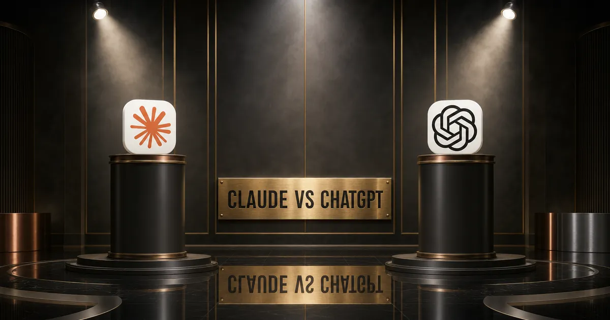 Twee even hoge podia met de emblemen van Claude en ChatGPT en een gouden plaquette 'CLAUDE VS CHATGPT' in een donkere luxe studio