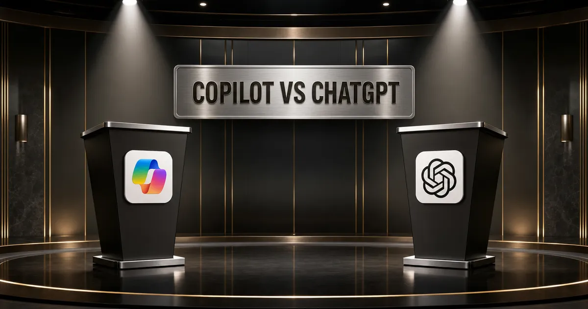 Twee gelijke podia met de emblemen van Microsoft Copilot en ChatGPT en een plaquette COPILOT VS CHATGPT