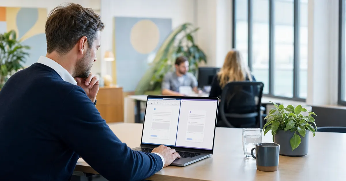 IT-manager vergelijkt Microsoft Copilot en Claude op een laptop in een Microsoft 365-kantooromgeving