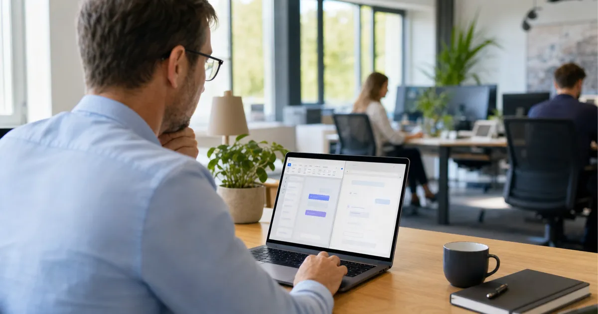 IT-manager vergelijkt Microsoft Copilot en Google Gemini op een laptop in een kantooromgeving