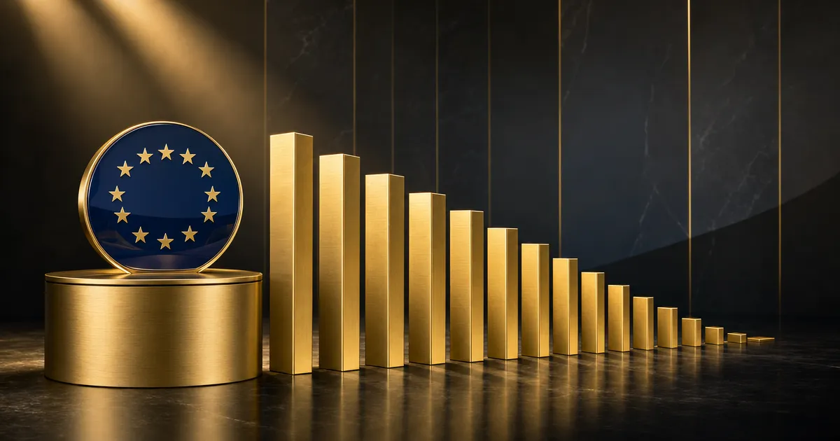 EU-sterrenembleem op een gouden sokkel met een sculpturale aftellende rij gouden staven die de naderende deadline verbeeldt