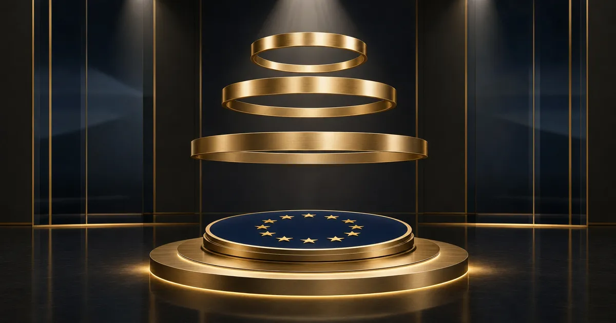 EU-sterrenembleem op een sokkel omringd door drie zwevende gouden ringen die de gelaagde regelgeving verbeelden