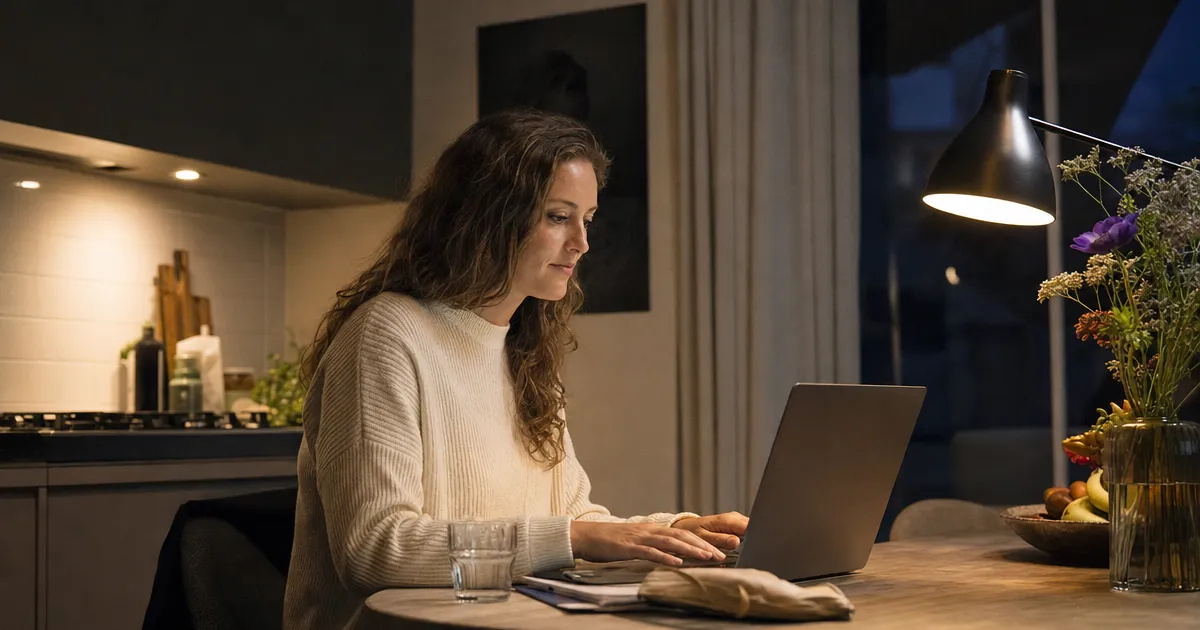 Zelfstandig ondernemer maakt 's avonds een factuur op een laptop aan de keukentafel
