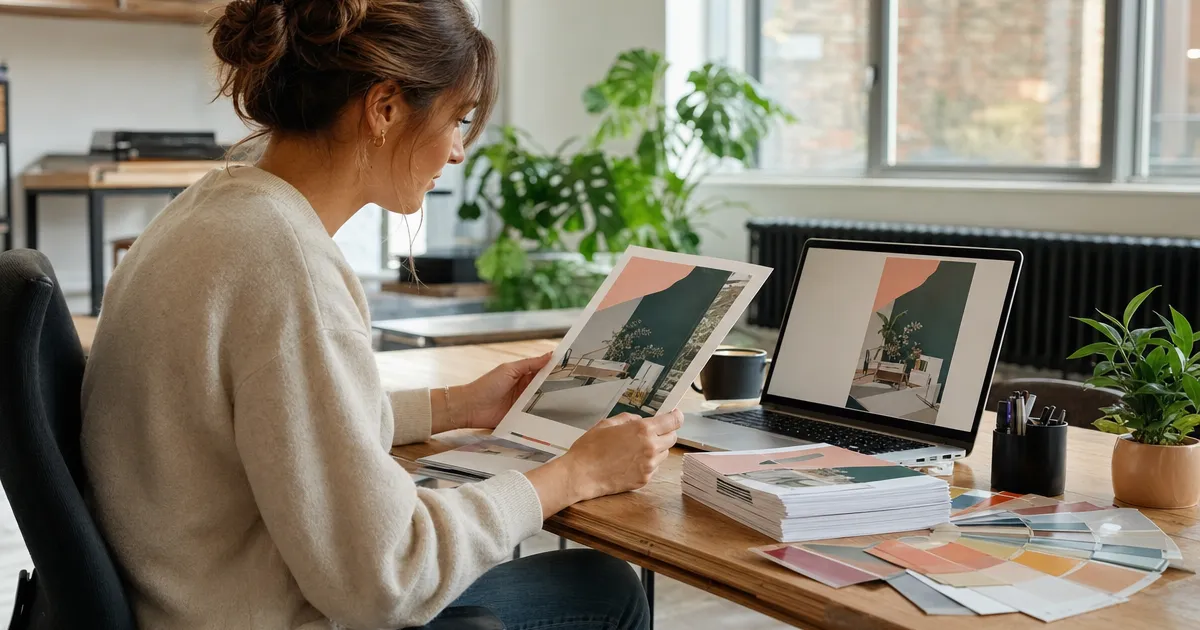 Marketingmedewerker bekijkt een net ontworpen flyer op een laptop naast een stapel geprinte flyers