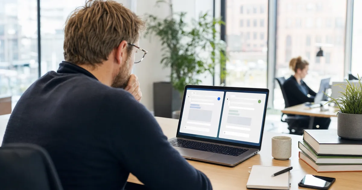 Manager vergelijkt Gemini en ChatGPT op een laptop in een modern Nederlands kantoor
