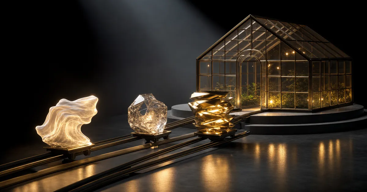 Twee lichtgevende modelvormen die naast een derde instappen in een glazen platform: Claude en OpenAI naast Gemini in Google Cloud Model Garden