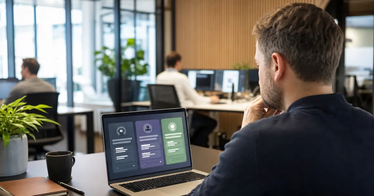 IT-manager vergelijkt drie AI-chatinterfaces naast elkaar op een laptop in een Nederlands kantoor