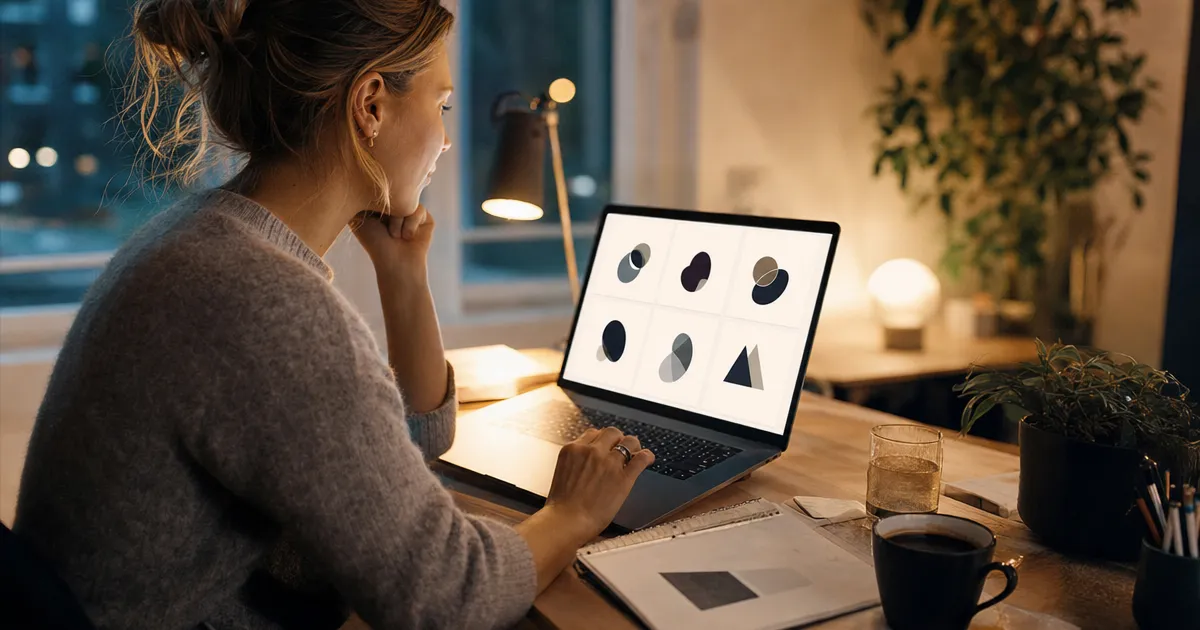Ondernemer bekijkt gegenereerde logo-varianten op een laptop aan een bureau