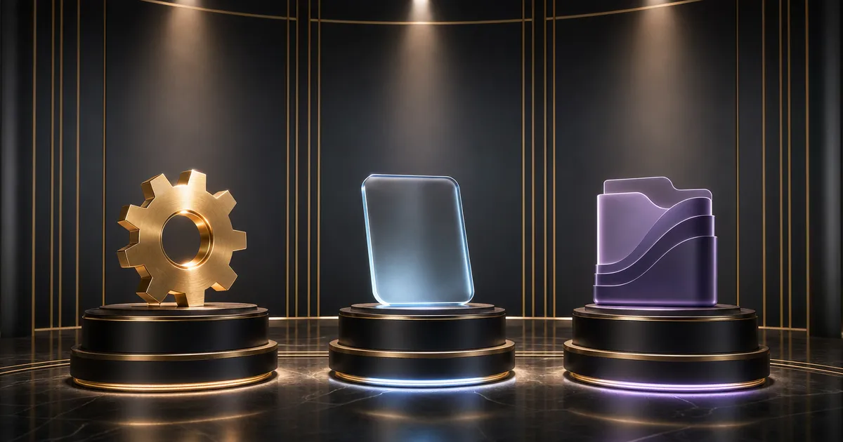 Drie verlichte sokkels op een donker podium die tool, resource en prompt verbeelden, de drie bouwstenen van een zelfgebouwde MCP-server