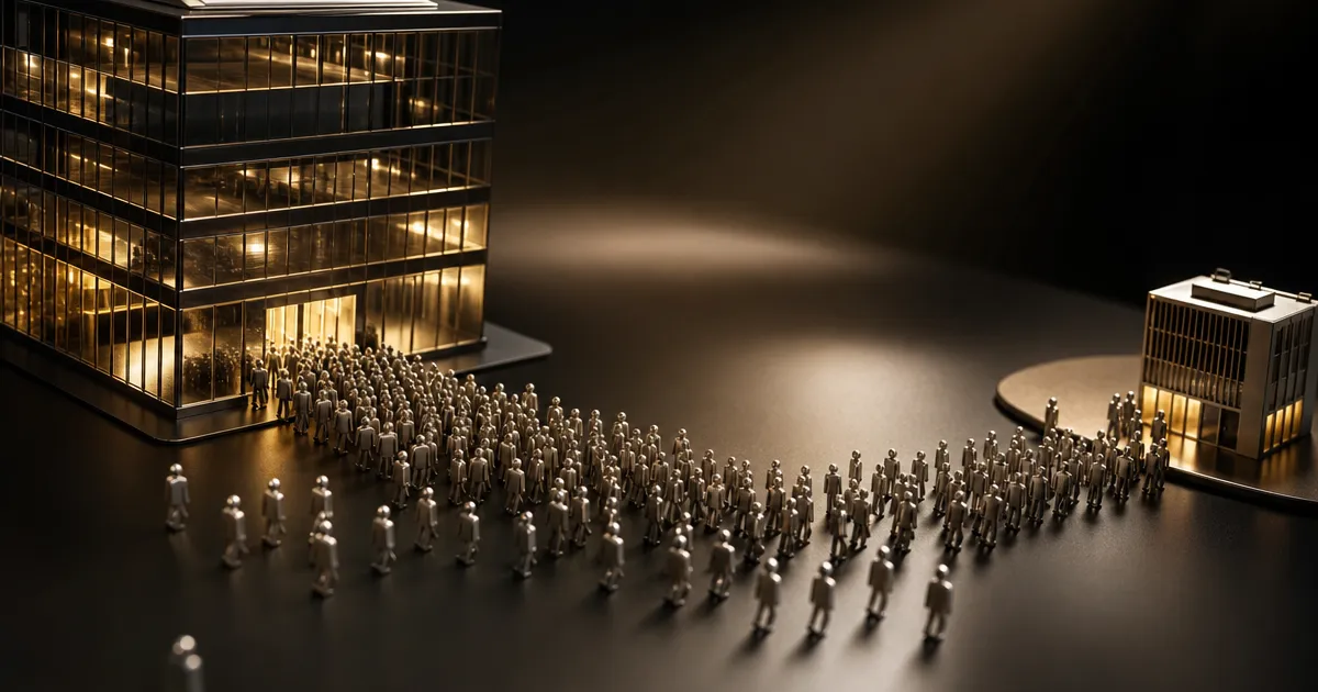 Rijen metalen figuurtjes van een groot glazen gebouw naar een kleiner kantoor: Microsoft Frontier Company met 6.000 engineers
