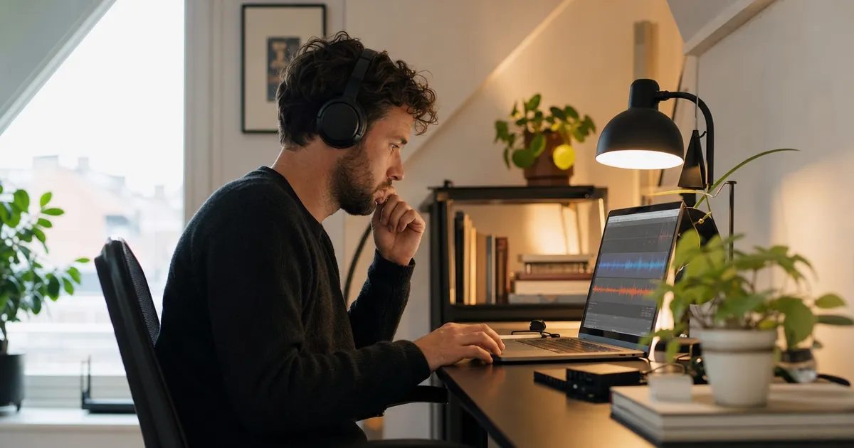 Marketeer met koptelefoon luistert naar een AI-gegenereerde achtergrondtrack op een laptop