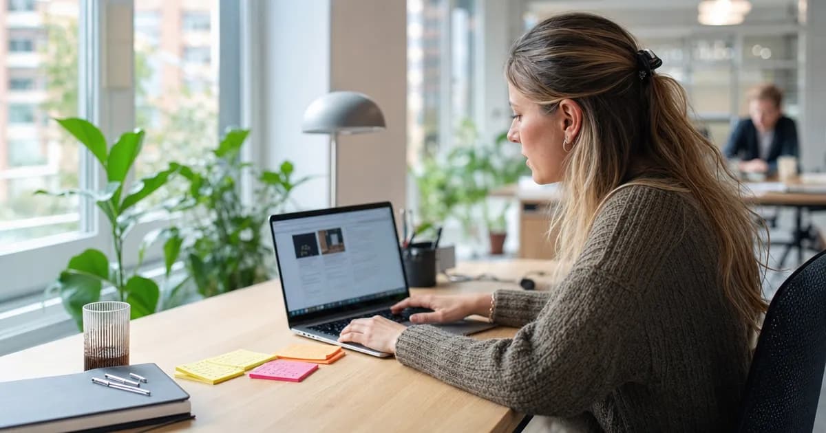 Marketingmedewerker schrijft een nieuwsbrief op een laptop aan een bureau, met aantekeningen ernaast