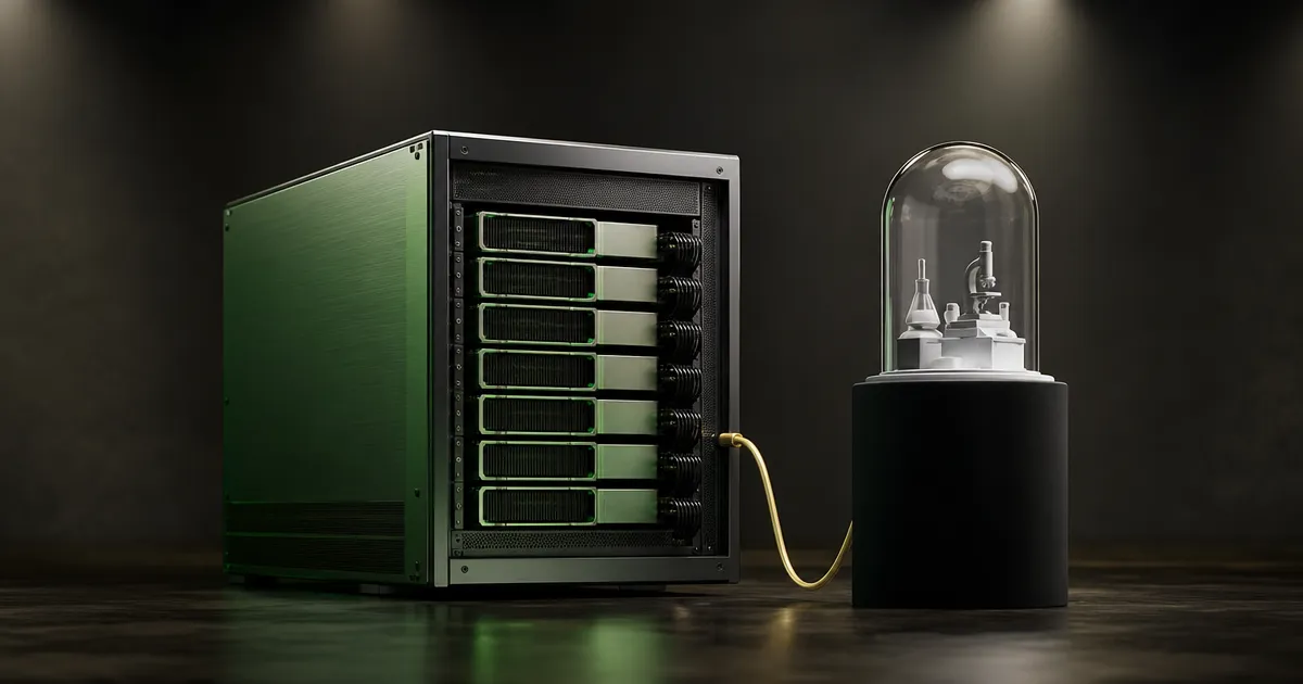 Groen verlicht GPU-rek naast een witte glazen koepel: NVIDIA investeert in Safe Superintelligence