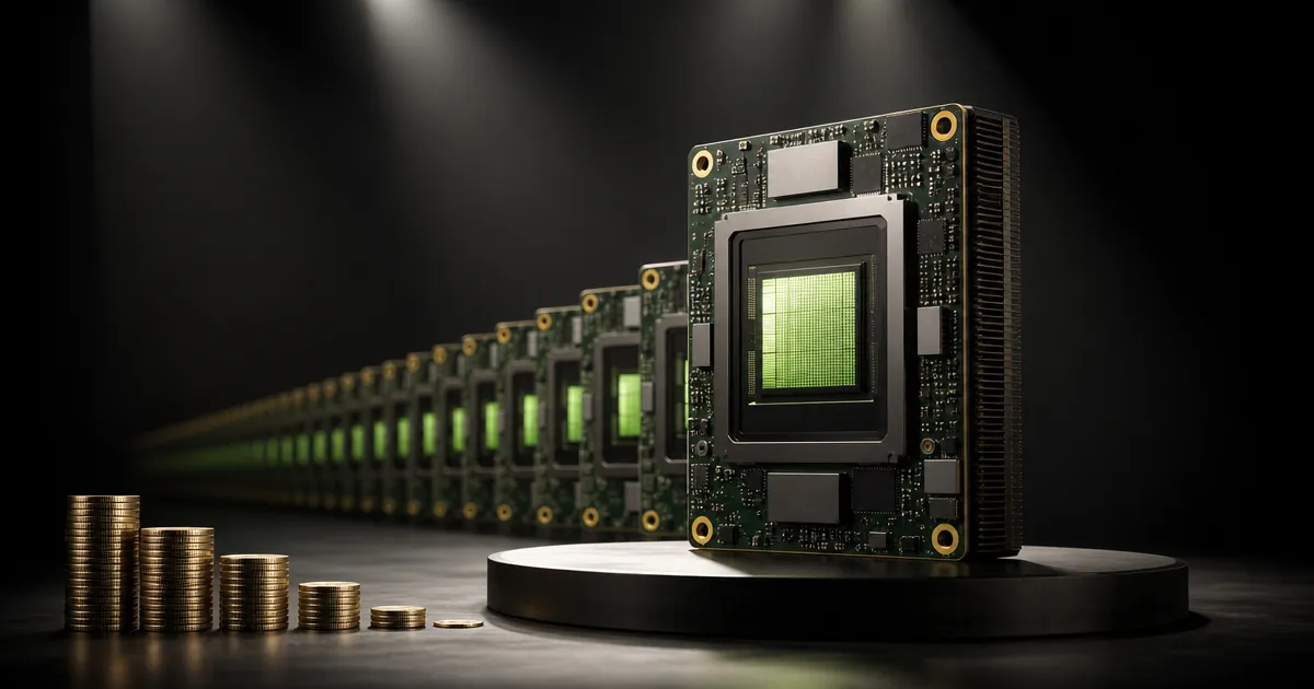 Rij groene chips met een slinkende stapel munten: NVIDIA Vera Rubin in productie maakt AI-tokens goedkoper