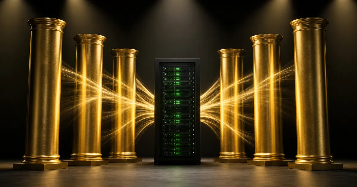 Zes gouden zuilen rond een groen verlicht serverrek: NVIDIA en Wall Street mobiliseren 500 miljard dollar