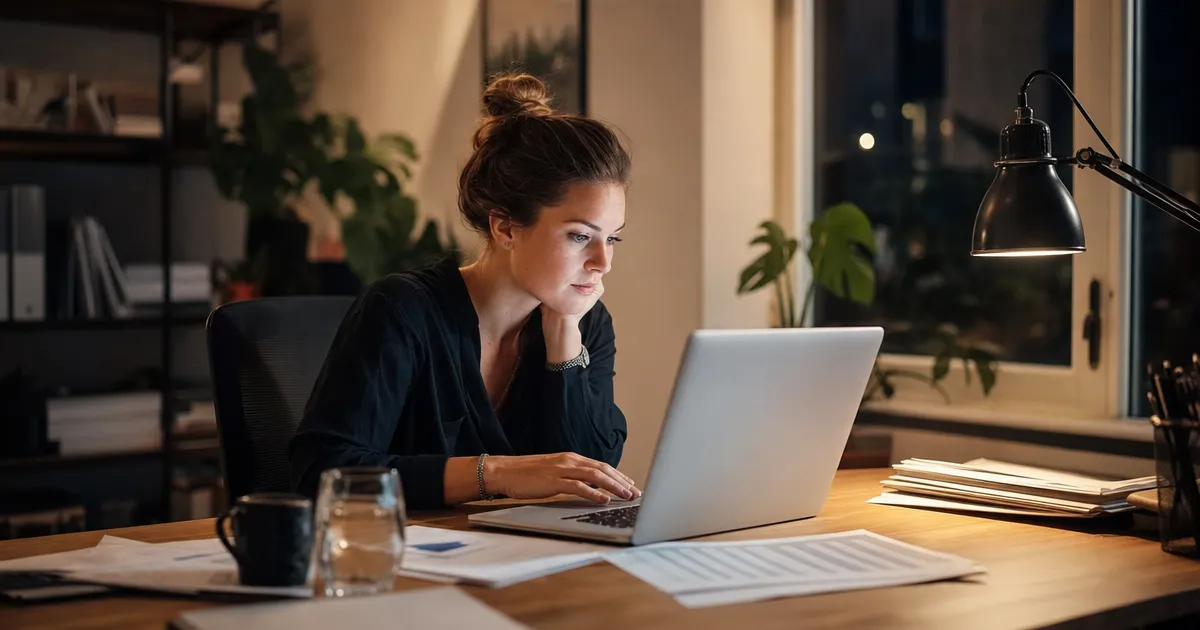 Verkoper achter een laptop stelt 's avonds een offerteconcept op met AI, tarievenblad ernaast