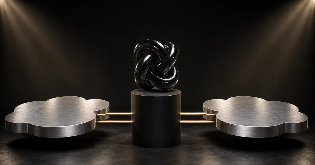 Zwarte knoopsculptuur tussen twee metalen wolkplatforms: OpenAI beschikbaar op AWS en Oracle Cloud