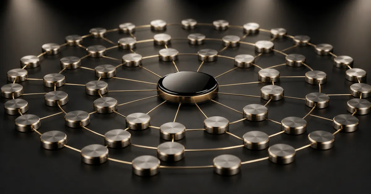 Centrale zwarte hub met drie ringen van metalen knooppunten: het OpenAI Partner Network