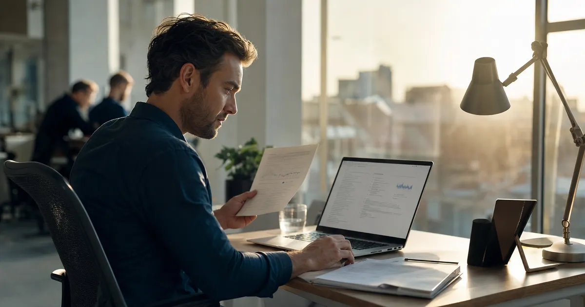Medewerker die een lang contract met AI samenvat op een laptop, met het originele document ernaast