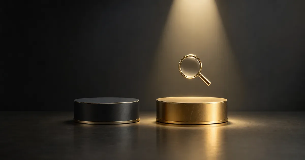 Twee losse podiums in een neutrale studio met een vergrootglas boven één van de twee: Perplexity en ChatGPT vergelijken op betrouwbare bronvermelding