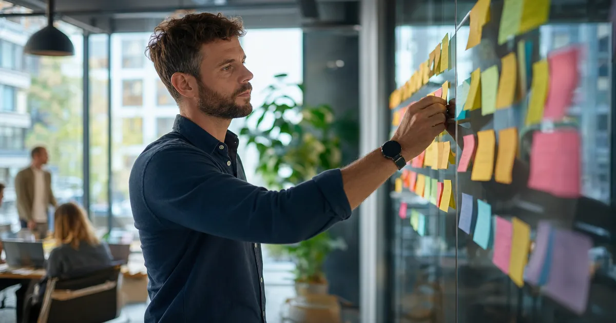 Projectleider ordent gekleurde kaartjes op een tijdlijn op een glazen wand in een vergaderruimte