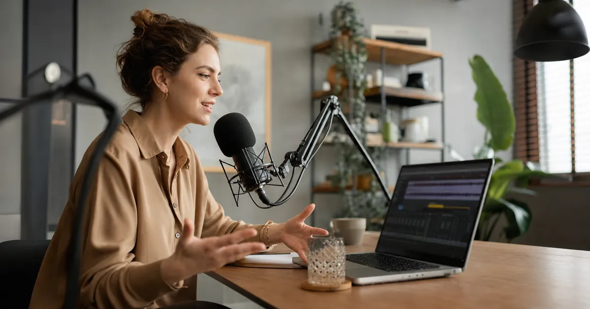 Marketeer neemt een podcast op met een microfoon naast een laptop met geluidsbewerkingssoftware, thuiswerkplek