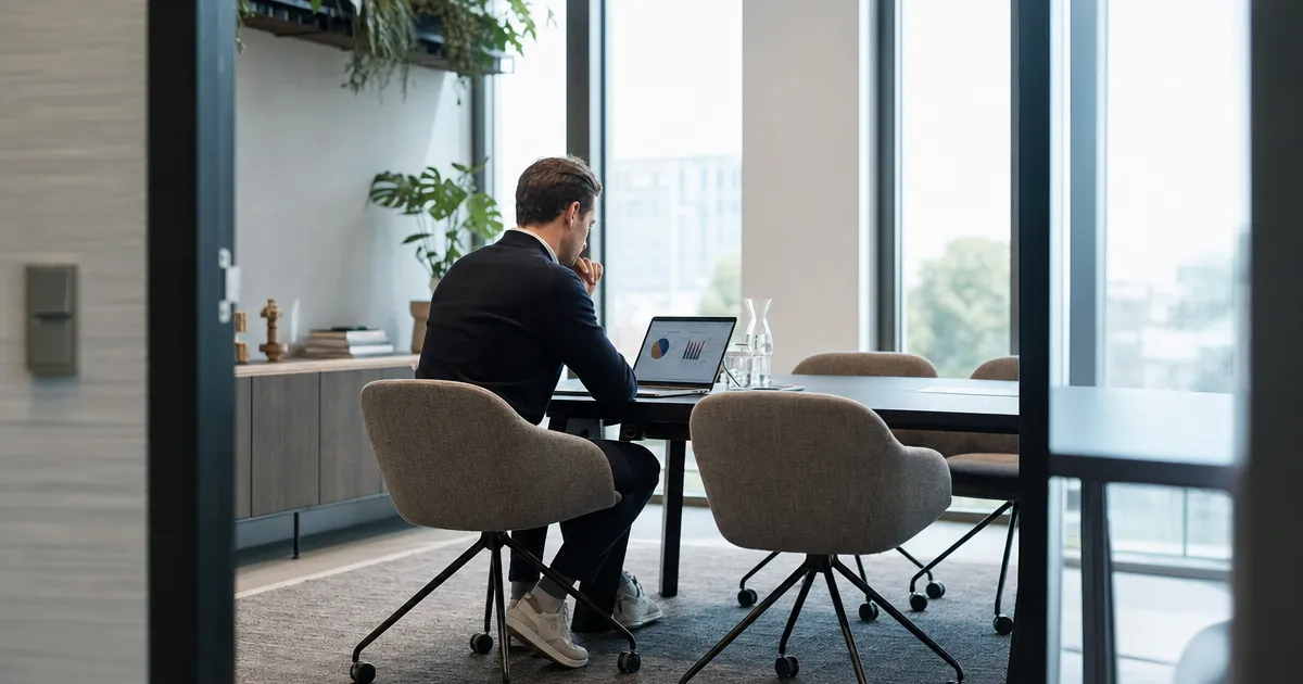 Consultant bekijkt een net gegenereerde presentatie op een laptop in een lege vergaderzaal: presentatie maken met AI