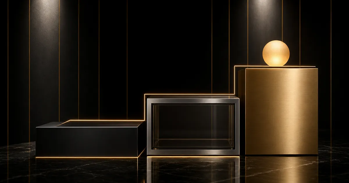 Drie oplopende podiumtreden van mat zwart naar geborsteld goud, symbool voor de drie niveaus van prompt engineering