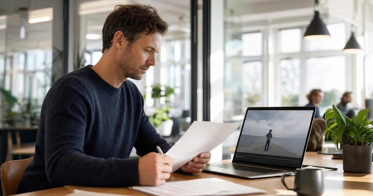 Marketeer bekijkt een AI-gegenereerde uitlegvideo op een laptop in een lichte werkruimte