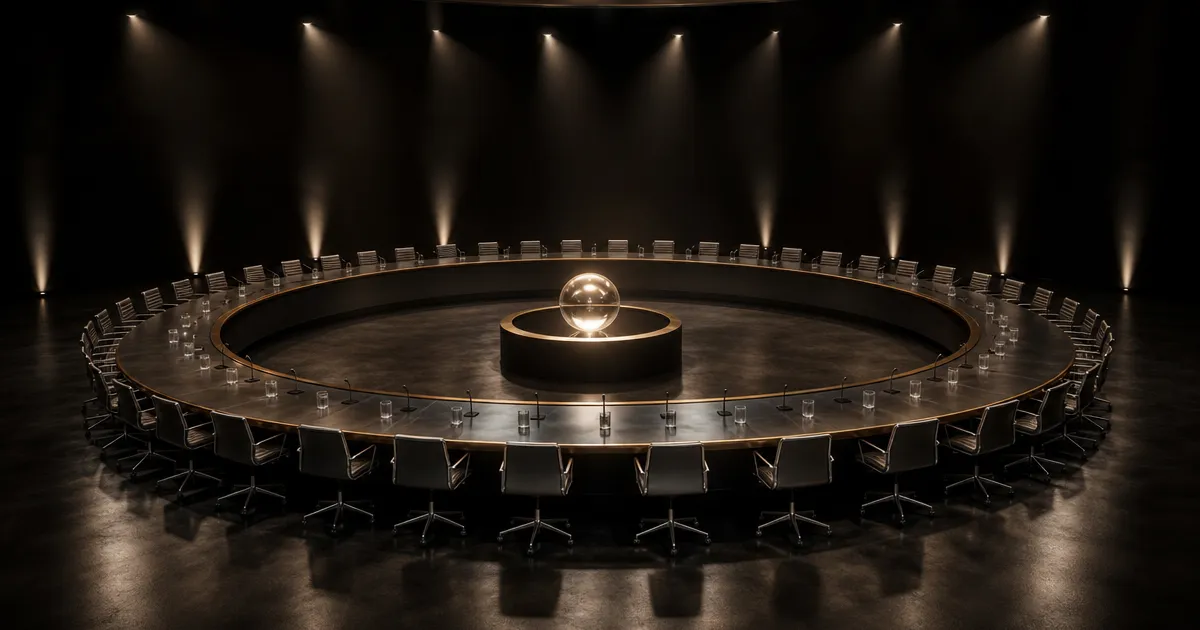 Grote ronde conferentietafel met een lichtbol in het midden: de eerste mondiale VN-dialoog over AI-governance