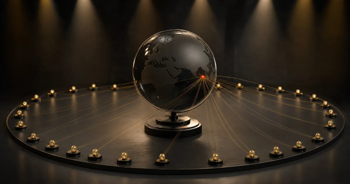 Glazen wereldbol met een rood punt en gouden draden naar 29 punten: de Chinese AI-organisatie WAICO