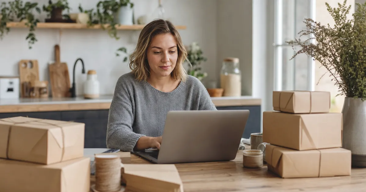 Ondernemer zet aan de keukentafel een webshop op met een laptop, met ingepakte producten klaar voor verzending