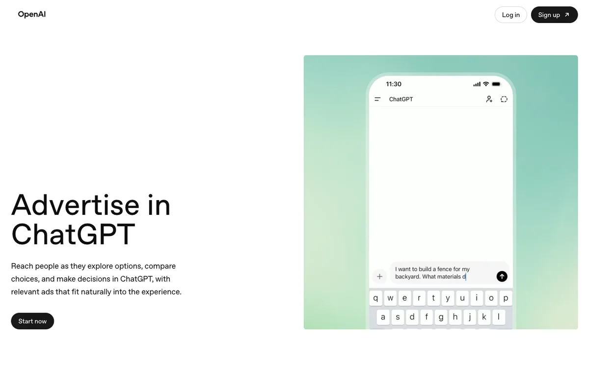 De officiële "Advertise in ChatGPT"-pagina op ads.openai.com, waar adverteerders sinds 22 juli 2026 zelf een account kunnen aanmaken.
