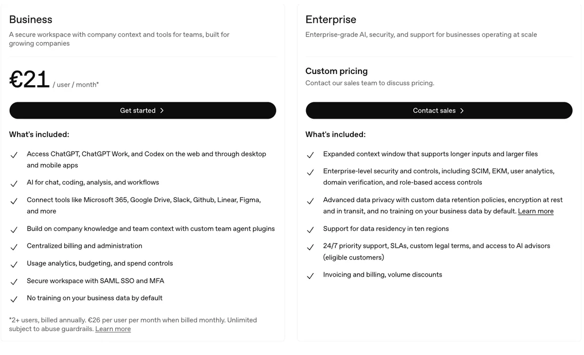 Historische screenshot van 31 juli 2026: de zakelijke prijspagina toonde Business vanaf €21 per gebruiker bij jaarfacturatie en €26 maandelijks; dit is geen actuele checkoutcontrole.