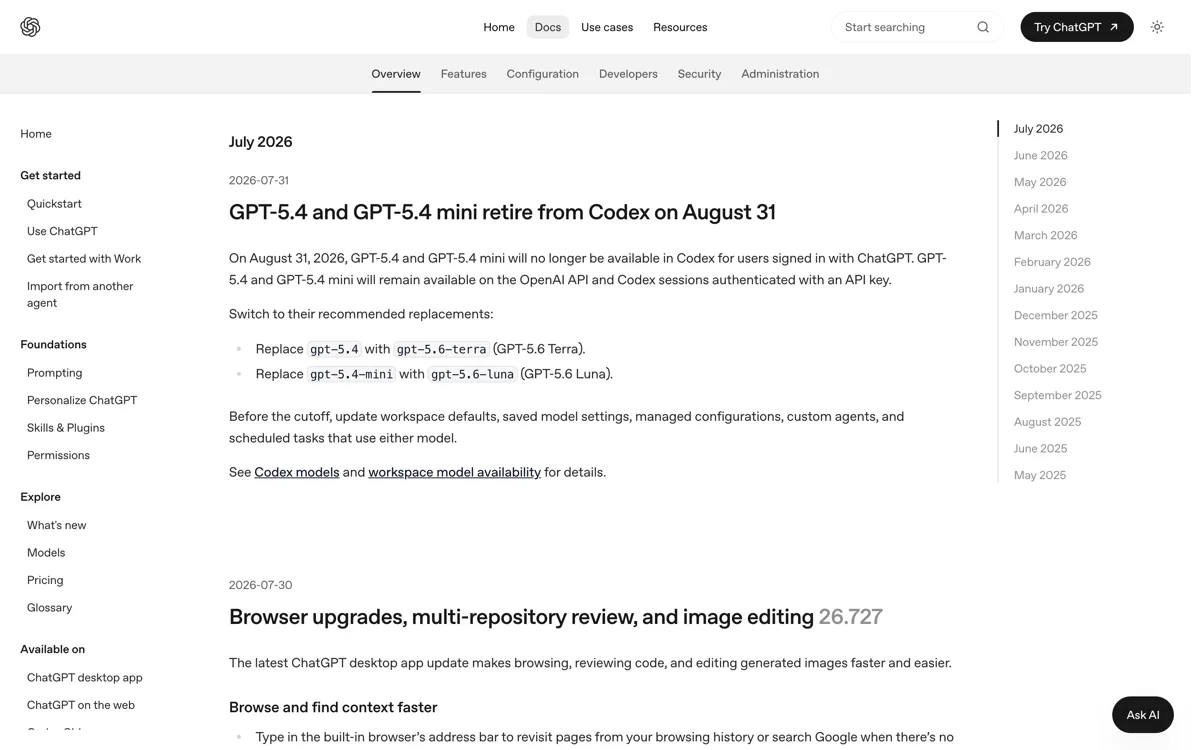 De officiele ChatGPT- en Codex-changelog met de gedateerde items van eind juli 2026, waaronder de uitfasering van GPT-5.4 en Codex CLI 0.146.0.