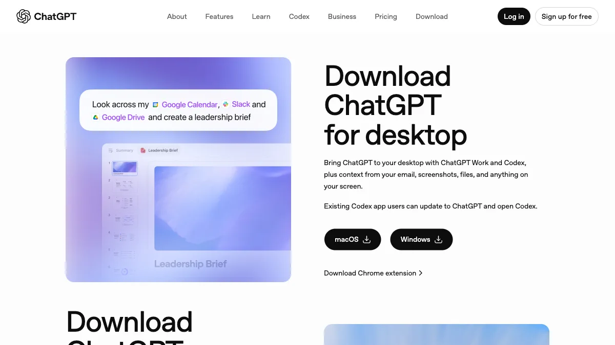 De officiële ChatGPT-downloadpagina op chatgpt.com/download, met de desktop-apps voor macOS en Windows en de Chrome-extensie.
