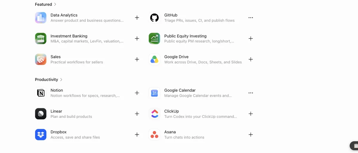 De Plugin Directory van ChatGPT op 31 juli 2026, met uitgelichte plugins als Data Analytics, GitHub en Google Drive en de categorie Productivity met Notion, Linear en Asana.