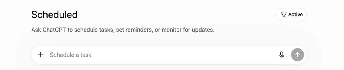 De Scheduled-pagina op chatgpt.com/schedules, waar je ChatGPT taken laat inplannen, herinneringen zet of laat monitoren op veranderingen.