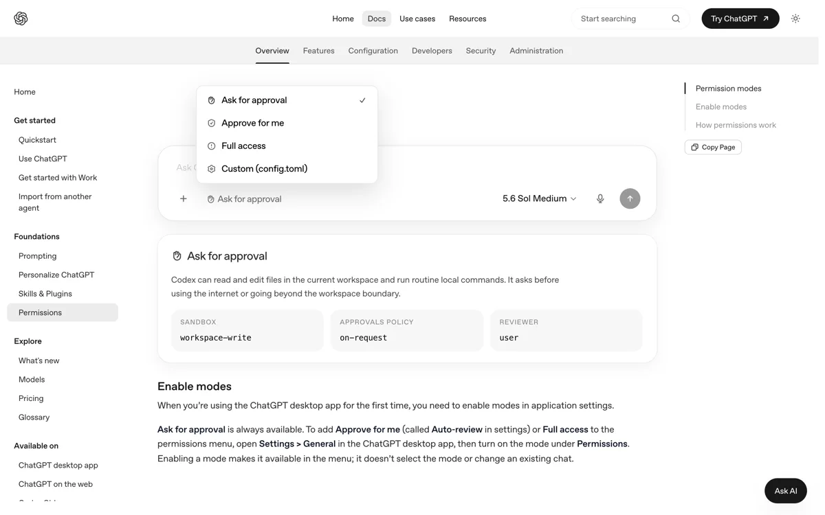 De officiele documentatie over permissiemodi in ChatGPT met Ask for approval, Approve for me en Full access en de waarschuwing bij volledige toegang.