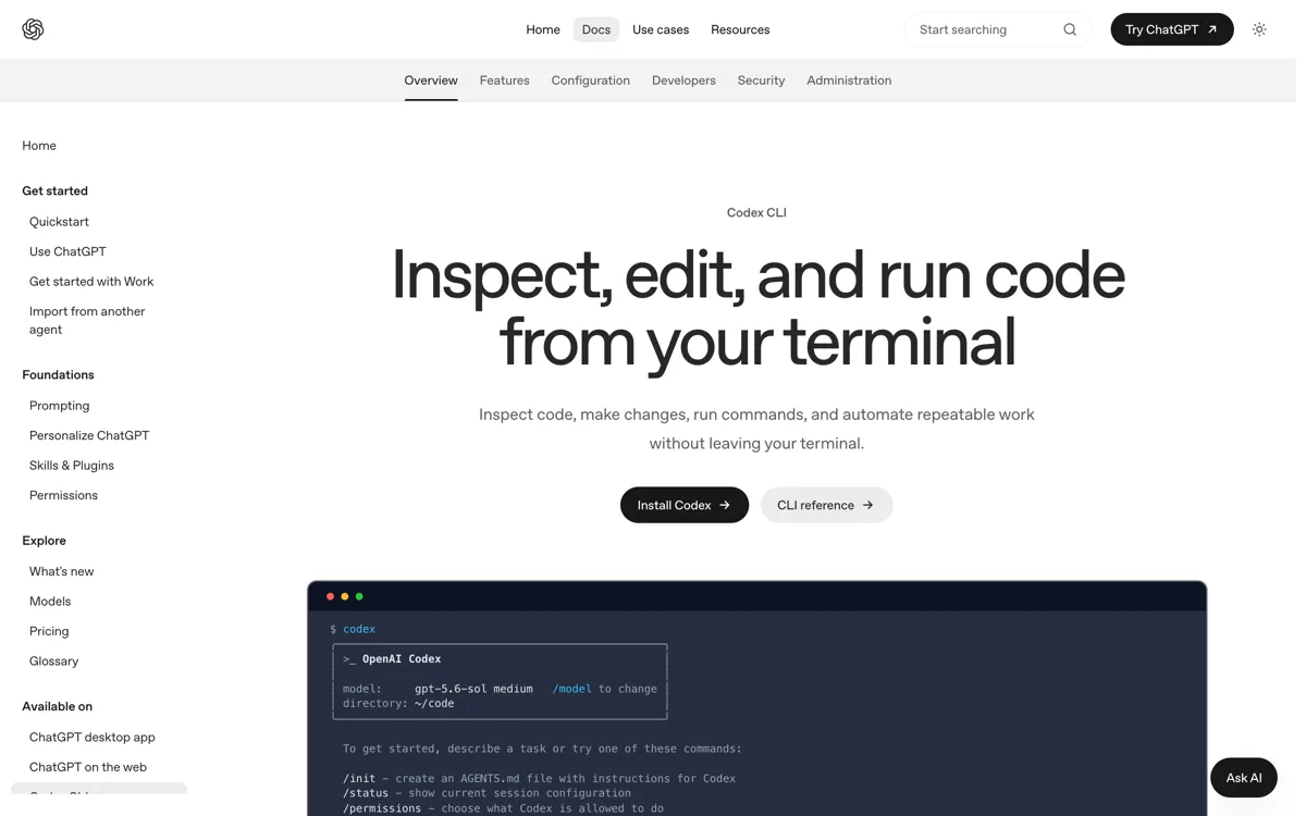 De officiele Codex CLI-documentatie met het installatiecommando via curl en de alternatieven via Homebrew en npm.