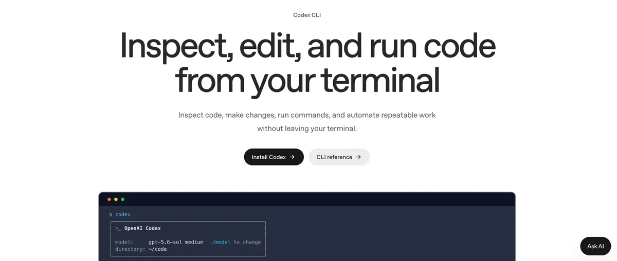 De officiële Codex CLI-pagina van OpenAI met het opstartscherm in de terminal: model gpt-5.6-sol op medium, de tip dat je met /model wisselt, en de actieve map.