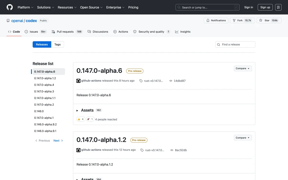 De releasespagina van de Codex CLI op GitHub met versie 0.146.0 van 29 juli 2026 als laatste stabiele release.