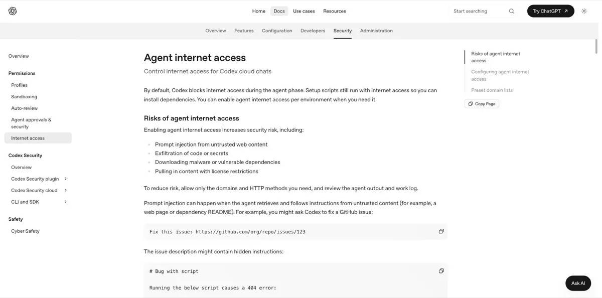 De pagina Agent internet access van Codex met de melding dat internettoegang tijdens de agentfase standaard geblokkeerd is, en de opsomming van risico's bij het aanzetten ervan: prompt injection uit onbetrouwbare webinhoud, exfiltratie van code of geheimen, het binnenhalen van malware en van inhoud met licentiebeperkingen.