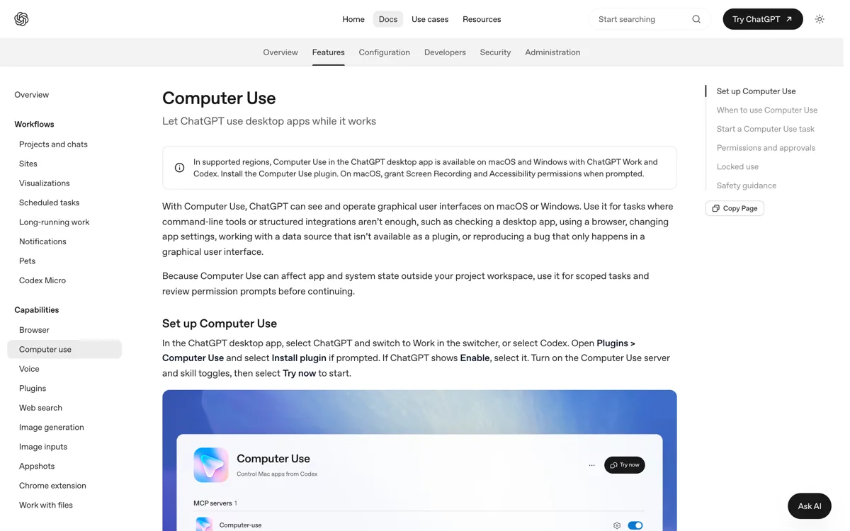 De officiele Codex-documentatie over Computer Use waarin staat dat je ChatGPT data controls ook gelden voor de screenshots die de functie maakt.