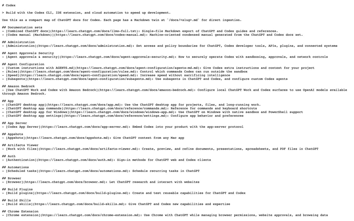 De 404-pagina op learn.chatgpt.com/docs/llms.txt die bewijst dat de documentatie-index waarnaar OpenAI verwijst niet bestaat.